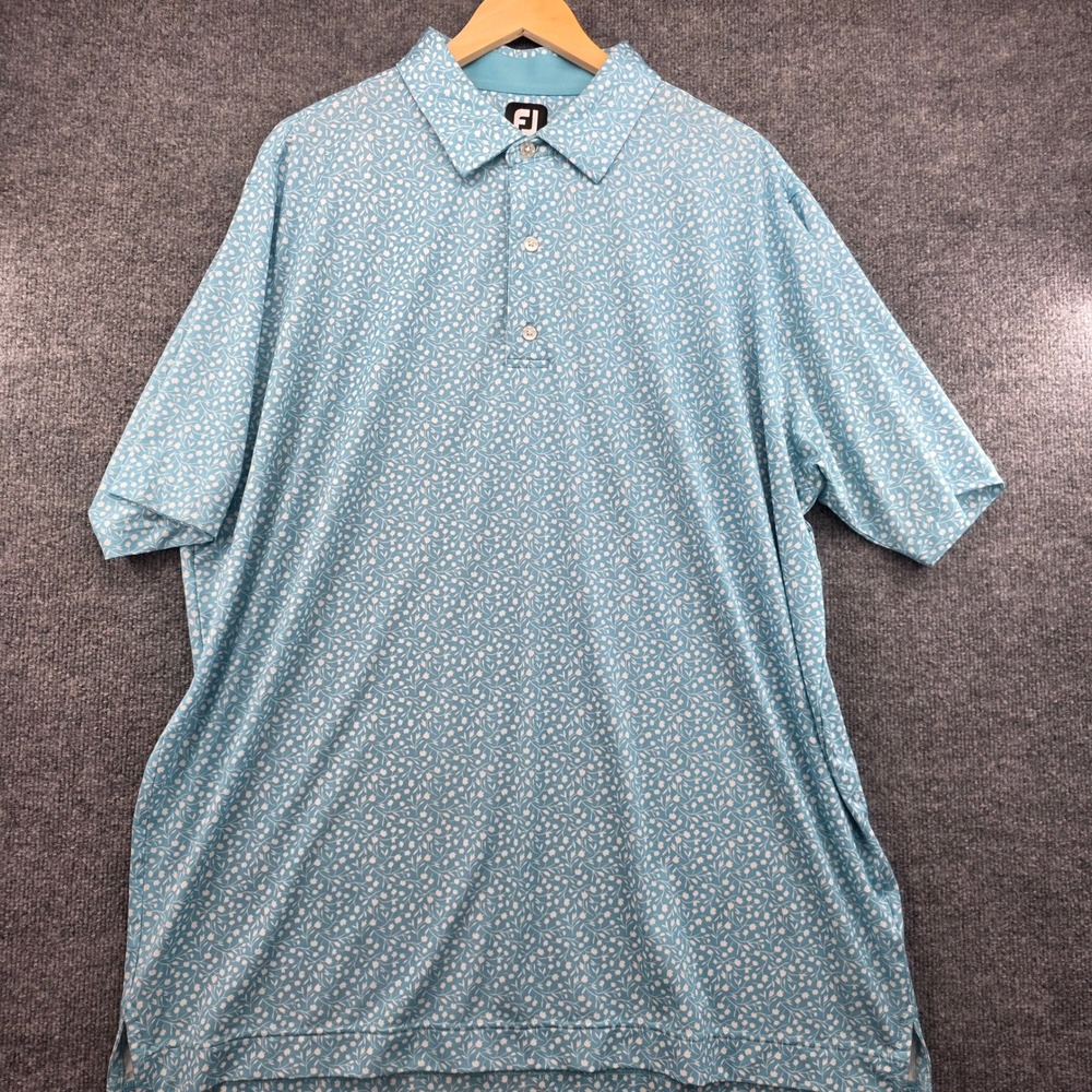 FootJoy Mens 2XL Blue White Floral Tulip Print Golf Polo Shirt Short Sleeve FJ